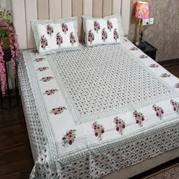 Hawamahal White & Green Floral 350 TC Bedsheet with 2 Pillow Covers-37
