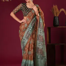 Anouk Floral Mirror Work Bagru Saree-image-68