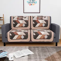 Aura Cream-Coloured & Brown 4 Pieces Geometric Printed 2 Seater Velvet Sofa Covers-2