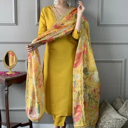 KOTRONS Women Embroidered Regular Thread Work Chanderi Silk Kurta with Trousers & With Dupatta-picture-13