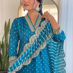 Twika Bandhani Printed V-Neck Sequinned Straight Kurta With Trouser And Dupatta image 2