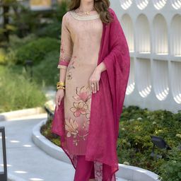 ZIRVI Women Cream & Rani Pink Floral Printed Straight Kurta Set with Embellished Neckline-picture-41