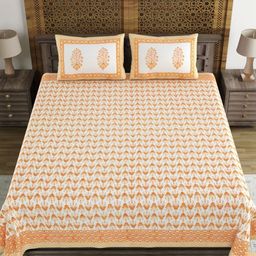 Myntra Elegant Homes Orange & White Floral 180 TC King Bedsheet with 2 Pillow Covers-image-87