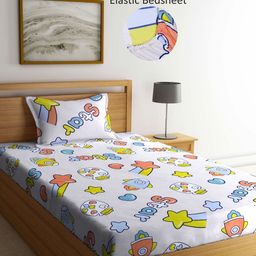 Aura White & Blue Cartoon Characters 350 TC Single Bedsheet with 1 Pillow Covers-image-84