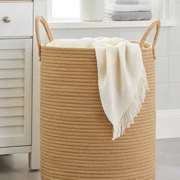 HABERE INDIA Beige Textured Jute Laundry Bag With Handles-picture-11