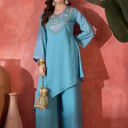 Sangria Floral Yoke Design Sequence Asymmetric Kurta & Palazzo Set image 2