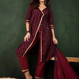 Sangria Floral Printed V-Neck Angrakha Style Kurta Trouser With Dupatta-image-82