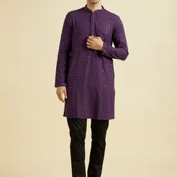 Manyavar Floral Embroidered Mandarin Collar Sequinned Straight Kurta With Trousers-image-59
