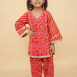 LITTLE GINNIE Girls Bandhani Printed Regular Gotta Patti Pure Cotton Kurta with Trousers-14