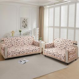 HOKIPO Light Peach Candytuft Print Quilted 5 Seater Sofa Mat with Pockets-image-16