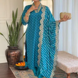 Twika Bandhani Printed V-Neck Sequinned Straight Kurta With Trouser And Dupatta-11