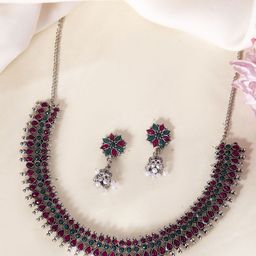 VOJ Silver-Plated Stainless Steel Artificial Stones Studded Oxidised Necklace And Earrings-image-54