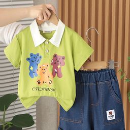 INCLUD Boys Teddy Printed Printed Polo Collar T-Shirt With Shorts-image-4