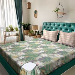 KLOTTHE Green & White Floral Printed 300 TC King Bedsheet Set 2.50 x 2.25 m-13