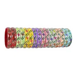 ZULKA Set of 16 Multi Colour Glass Kada Combo with Flower Print-image-14