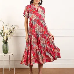 True Shape Women Abstract Printed Puff Sleeve Fit & Flare Tiered Midi Dress-image-9
