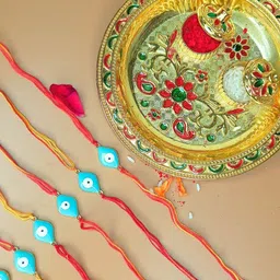 Anouk Set Of 6 Artificial Stones Studded Evil Eye Rakhis With Card And Pooja Thali-3