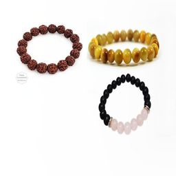 Divine souvenirs Unisex Set Of 3 Rudraksha & Artificial Beaded Elasticated Bracelets image 1