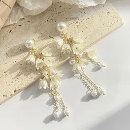 Celestria Pearls Beaded Korean Tasselled Floral Shaped Drop Earrings-95