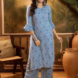 Sangria Floral Printed V-Neck Straight Bell Sleeves Kurta With Palazzos-picture-30