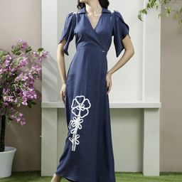 Boho By Athena Women Applique Batwing Sleeve Linen Maxi Dress-image-3