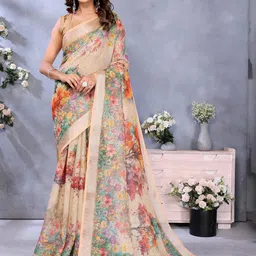 JYA Women Beige Floral Printed Tissue Silk Saree With Blouse Piece-image-97