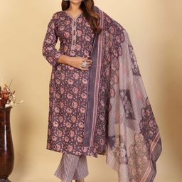 Larqi Floral Printed V Neck Pure Cotton Straight Kurta & Trousers With Dupatta-57