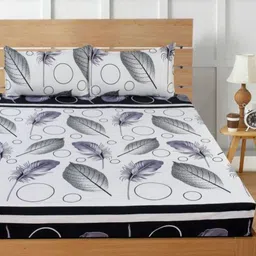 Aura White & Grey Floral 144 TC King Bedsheet with 2 Pillow Covers-picture-30