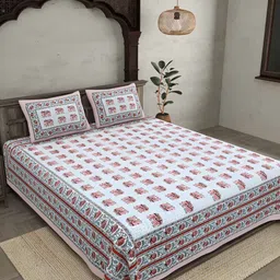 BED-SHEET.COM Pink & Blue Ethnic Motifs 144 TC King Bedsheet with 2 Pillow Covers-picture-45
