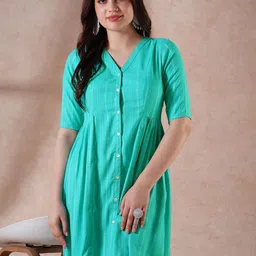 Globus Self Design V-Neck Button Down A-Line Mini Dress-image-23
