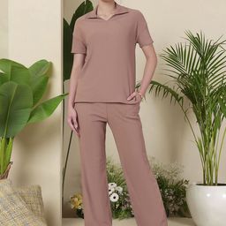 Selvia Shirt Collar Neck T-shirt With Trousers Co-ords-20