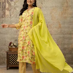 Anouk Lime Green Floral Printed Pure Cotton Notch-Neck Kurta With Trouser & Dupatta-picture-24