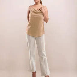 Zink London Women Beige Self Design Cowl Neck Shoulder Straps V-Blouses & Tops-picture-20