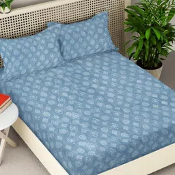 Myntra Elegant Homes Blue Geometric Woollen 300TC Fitted King Bedsheet Set-2.5mX2.25m-image-35
