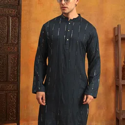 HERE&NOW Striped Embroidered Mandarin Collar Sequinned Straight Kurta-image-44