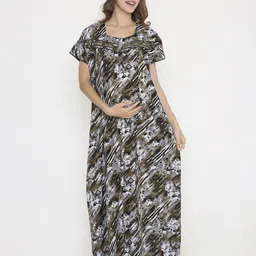 NIGHTSPREE Women Abstract Printed Maternity Pure Cotton Maxi Nightdress-image-37