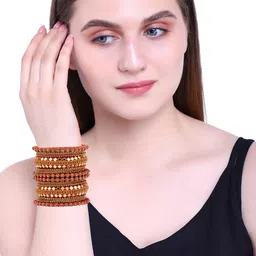 FEMMIBELLA Set Of 18 Gold-Plated Cubic Zirconia-Studded Silk Thread Mirror Work Bangles image 5