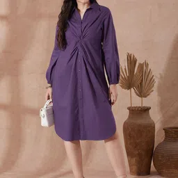Globus Women Mauve Collared Neck Bishop Sleeves Twist Knot Detail Workwear Shirt Dress-picture-10
