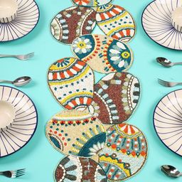 YWULY White & Turquoise Blue Embroidered Beaded Dining TableRunner-21