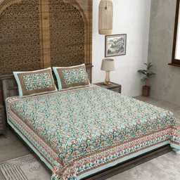 CLOTHOLOGY Green & Orange Floral Printed 180 TC Flat Cotton King Bedsheet - 2.75 x 2.25 m-picture-10