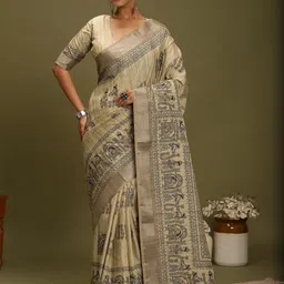 Anouk Floral Zari Satin Block Print Saree-picture-30