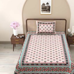 Jinaya's Pink & Multicoloured Floral 210 TC Single Bedsheet with 1 Pillow Covers-image-25