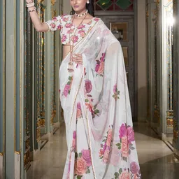 MADHAVPRIYA Floral Printed Pure Georgette Tussar Saree-49