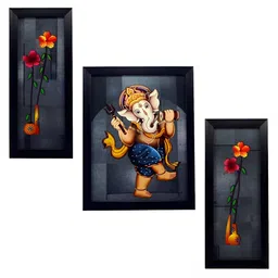 Indianara Grey & Yellow 3 Piece Wood Religious Wall Paintings-picture-18