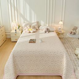 JC HOME Cream-Coloured & Pink Printed 162 TC Double Bed King Cover With Pillow Covers-image-11