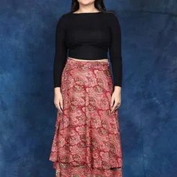 Exotic India Double Layer Wrap-Around Long Skirt with Floral Print-image-54