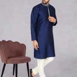 SKAVIJ Men Floral Yoke Design Regular Thread Work Kurta with Churidar & With Dupatta image 4
