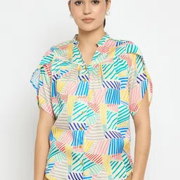 Novio Tropical Print Mandarin Collar Extended Sleeves Top-picture-31