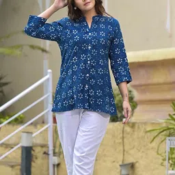 ARAVALII Floral Print Mandarin Collar Pure Cotton Top-49