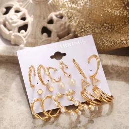 Combo 9 Pair Stylish Gold Plated Pearl Hoop Studs Earrings Alloy Hoop Earring-image-19
